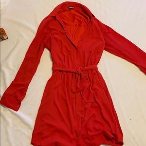 Express Tie Waist Long Sleeve Shirt Dress- Red